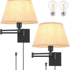 TRLIFE Dimmable Wall Sconce Plug in, Wall Sconces Set of Two Swing Arm Wall Lights with Plug in Cord and On/Off Dimmer Rotary Switch, 11.8" Large Beige Fabric Shade(2 Pack, 2 Bulbs Included)